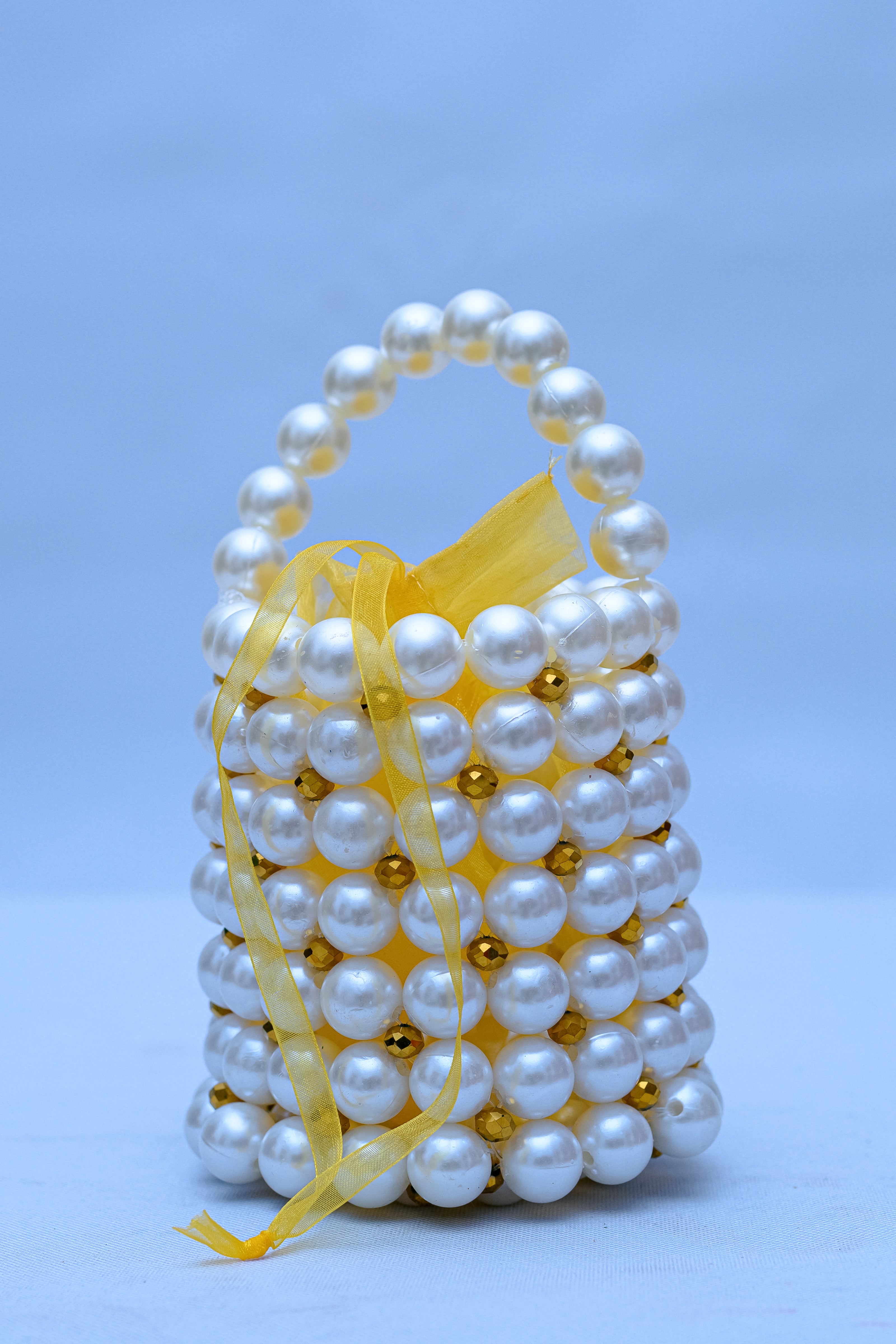 Handmade White Pearl & Gold Crystal Beaded Bucket Bag