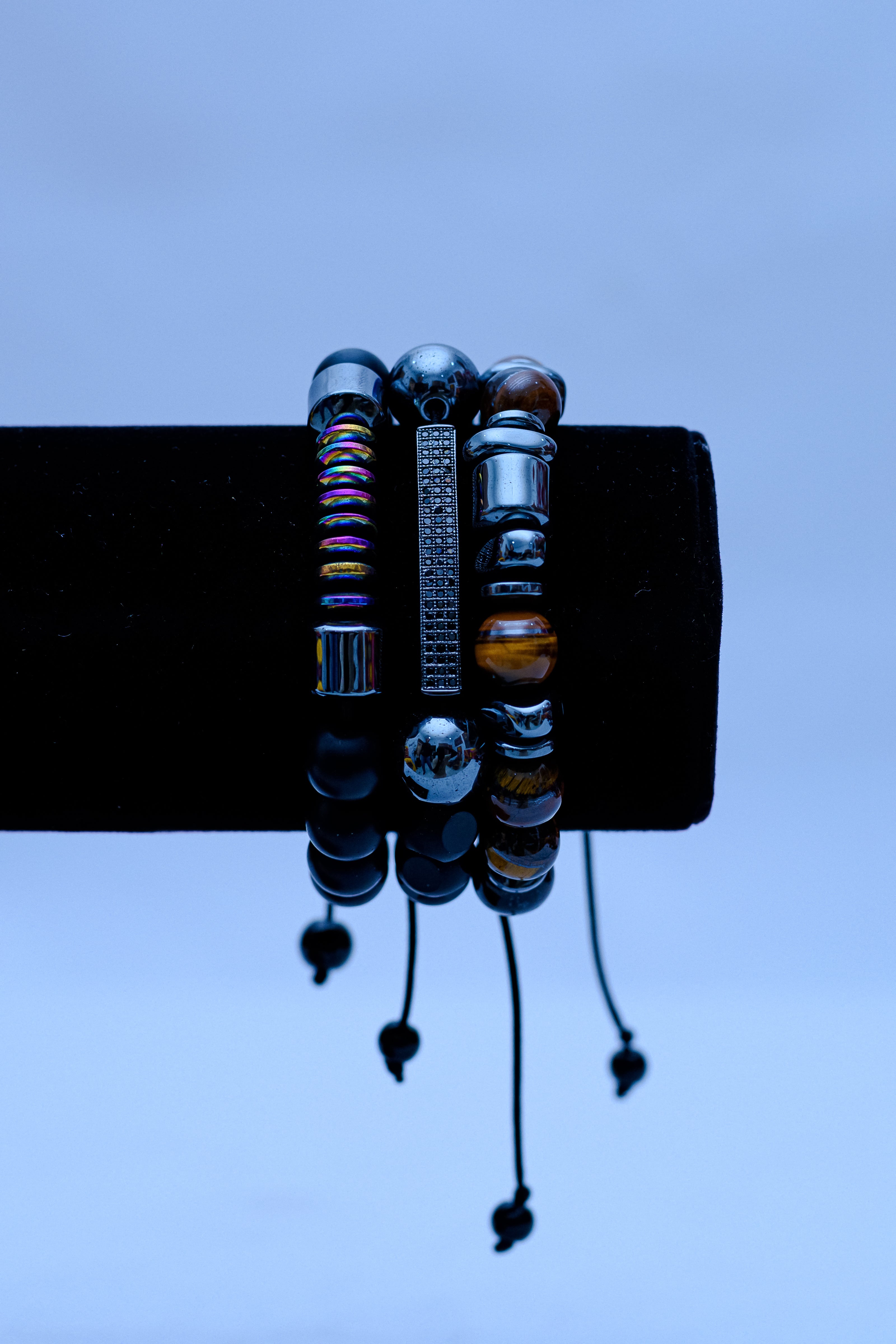 Men's Tiger's Eye, Rainbow Hematite & Pavé Bar Bracelet Stack II