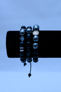 Men's Cross, Saint Medal & Hematite Globe Onyx Bracelet Stack