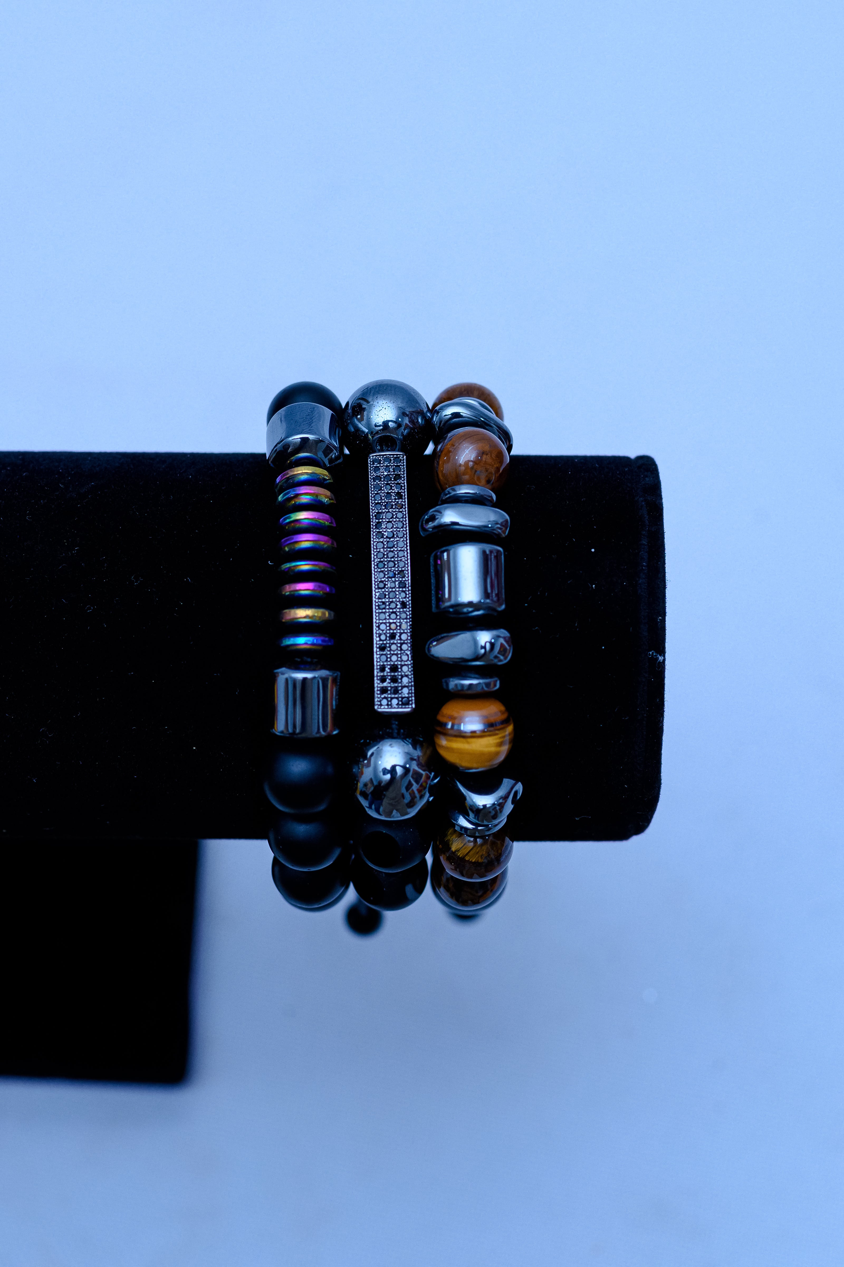 Men's Tiger's Eye, Rainbow Hematite & Pavé Bar Bracelet Stack