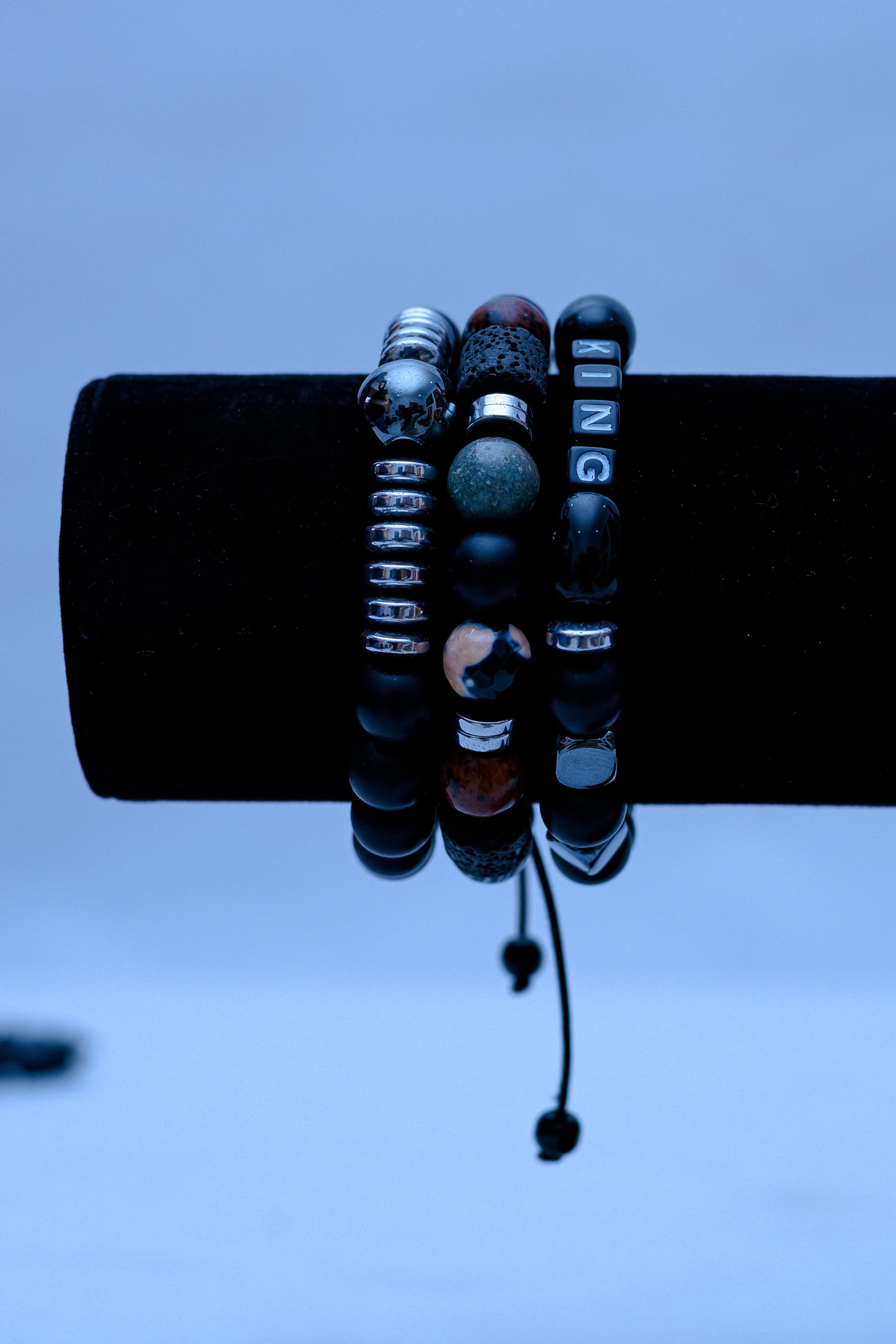 Men's KING Letter & Mixed Gemstone Bracelet Stack