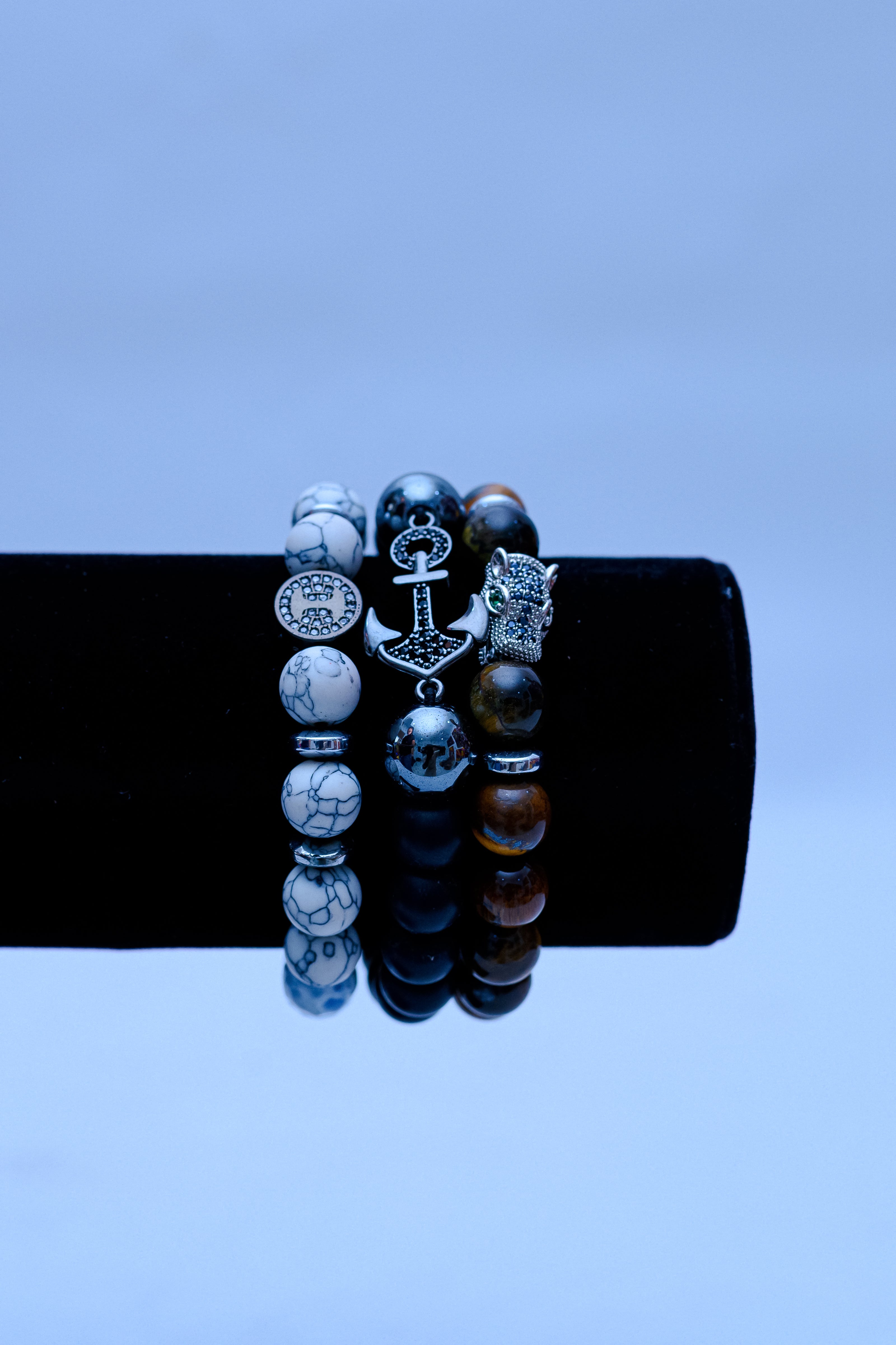Men's Anchor, Owl & Howlite Gemstone Bracelet Stack