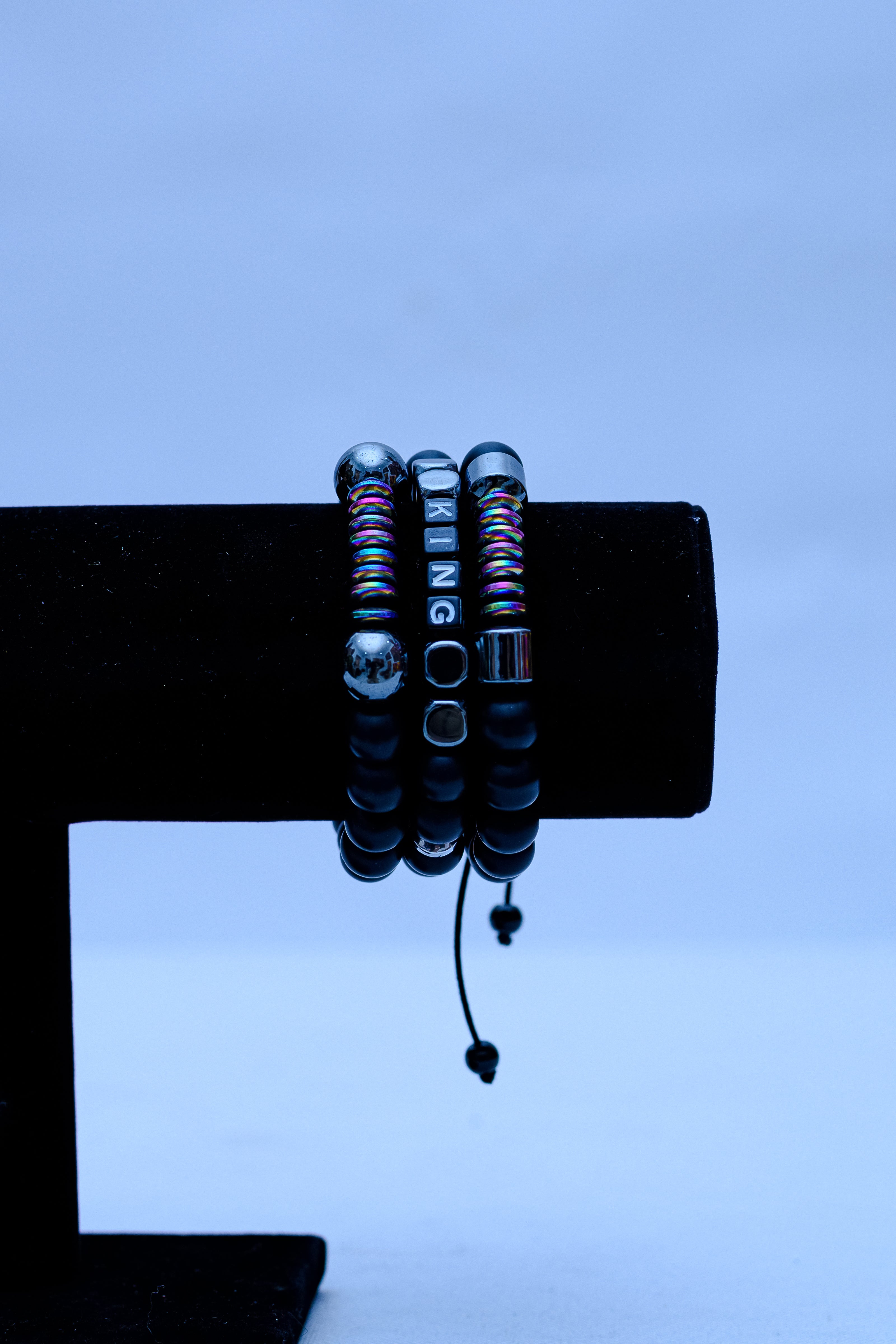 KING Beaded Bracelet Stack – Hematite & Onyx