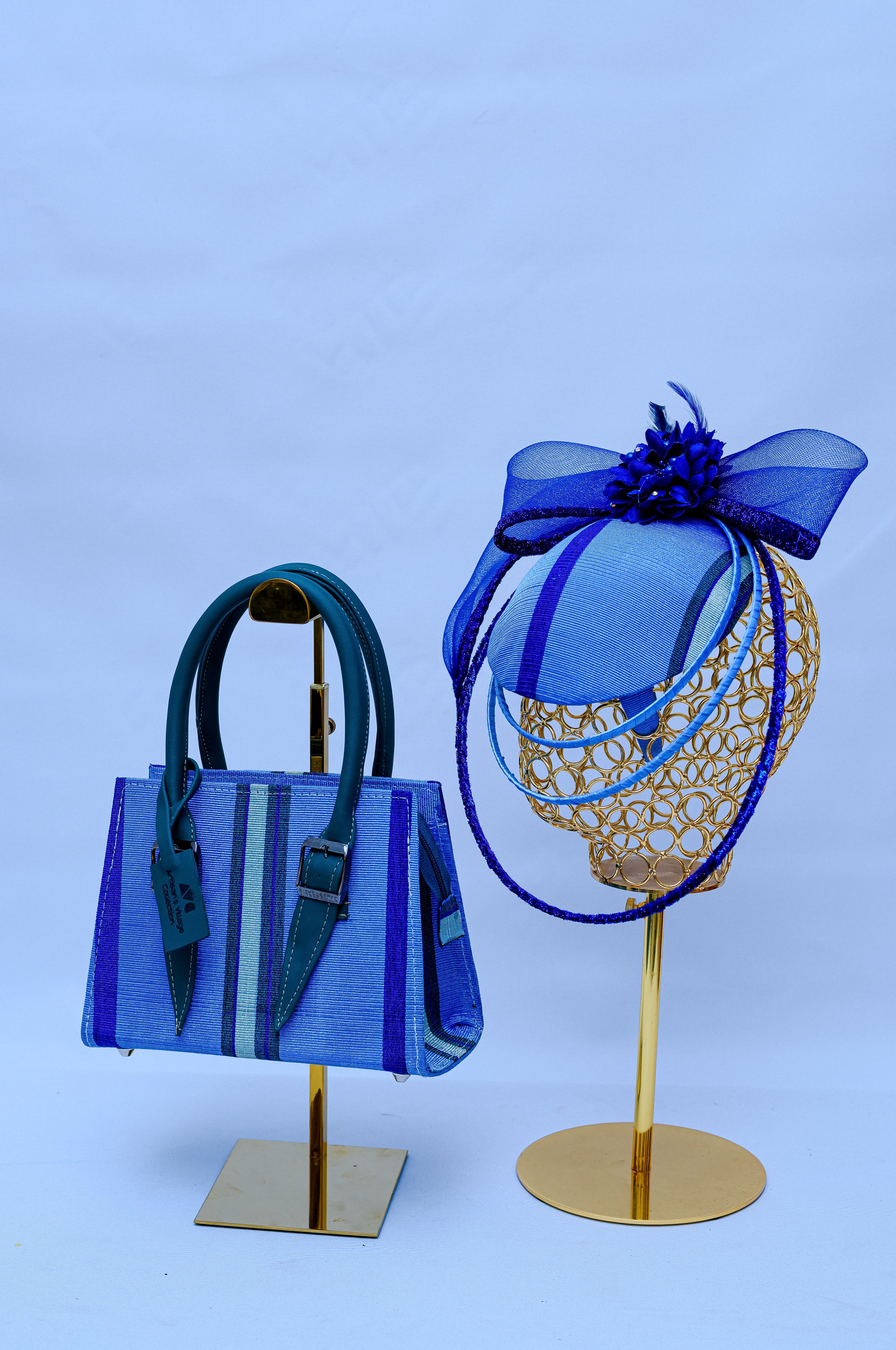 Aso Oke Royal Blue Tote Bag & Sinamay Bow Hat Set