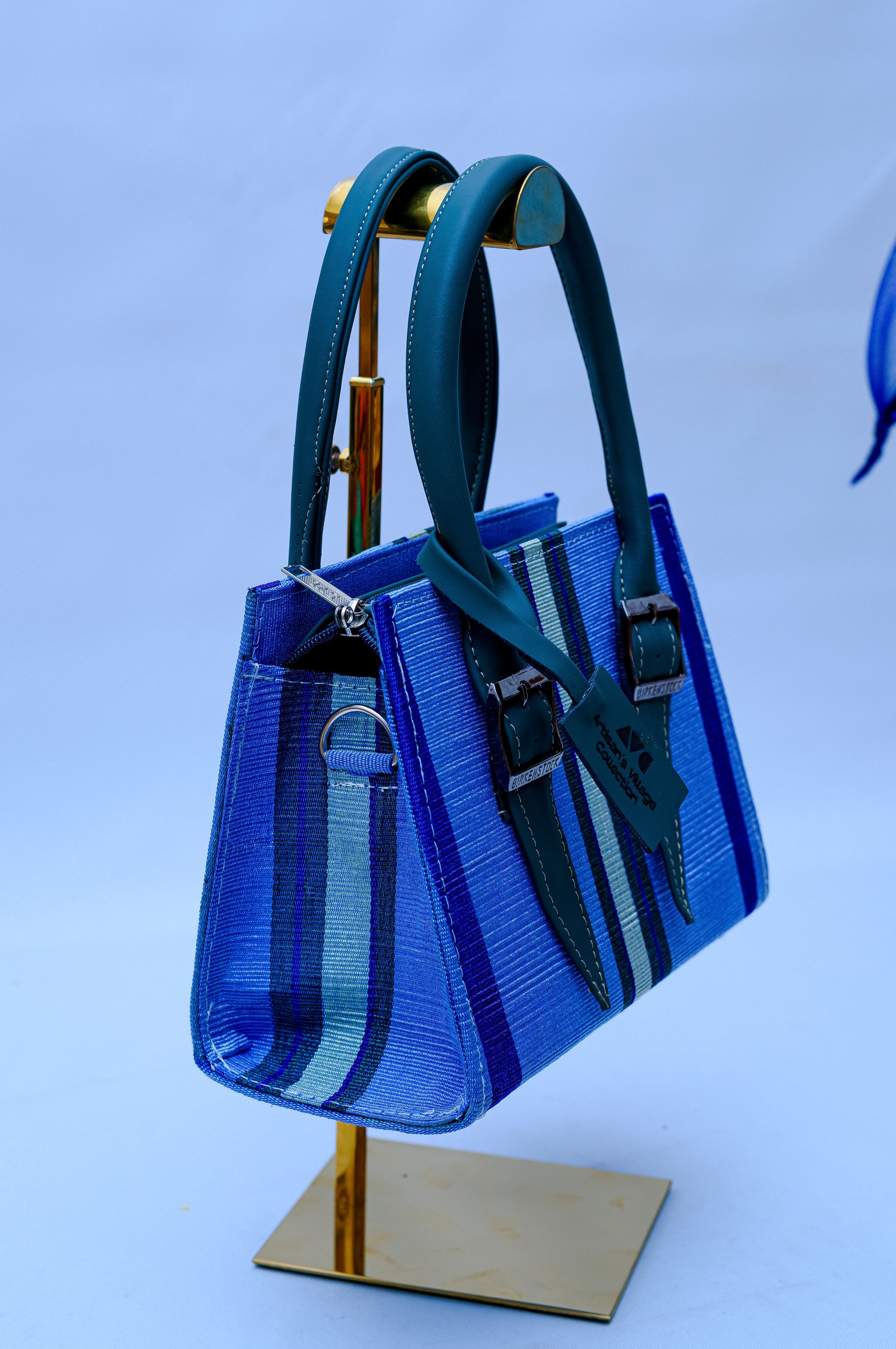 Aso Oke Royal Blue Stripe Buckle Tote Hand Bag