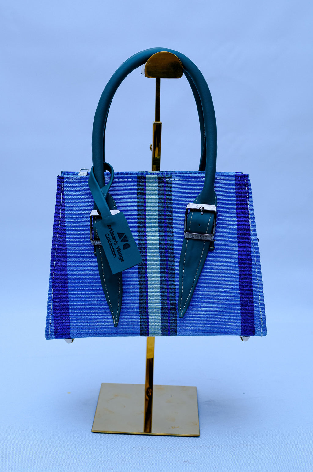 Aso Oke Royal Blue Stripe Buckle Tote Hand Bag