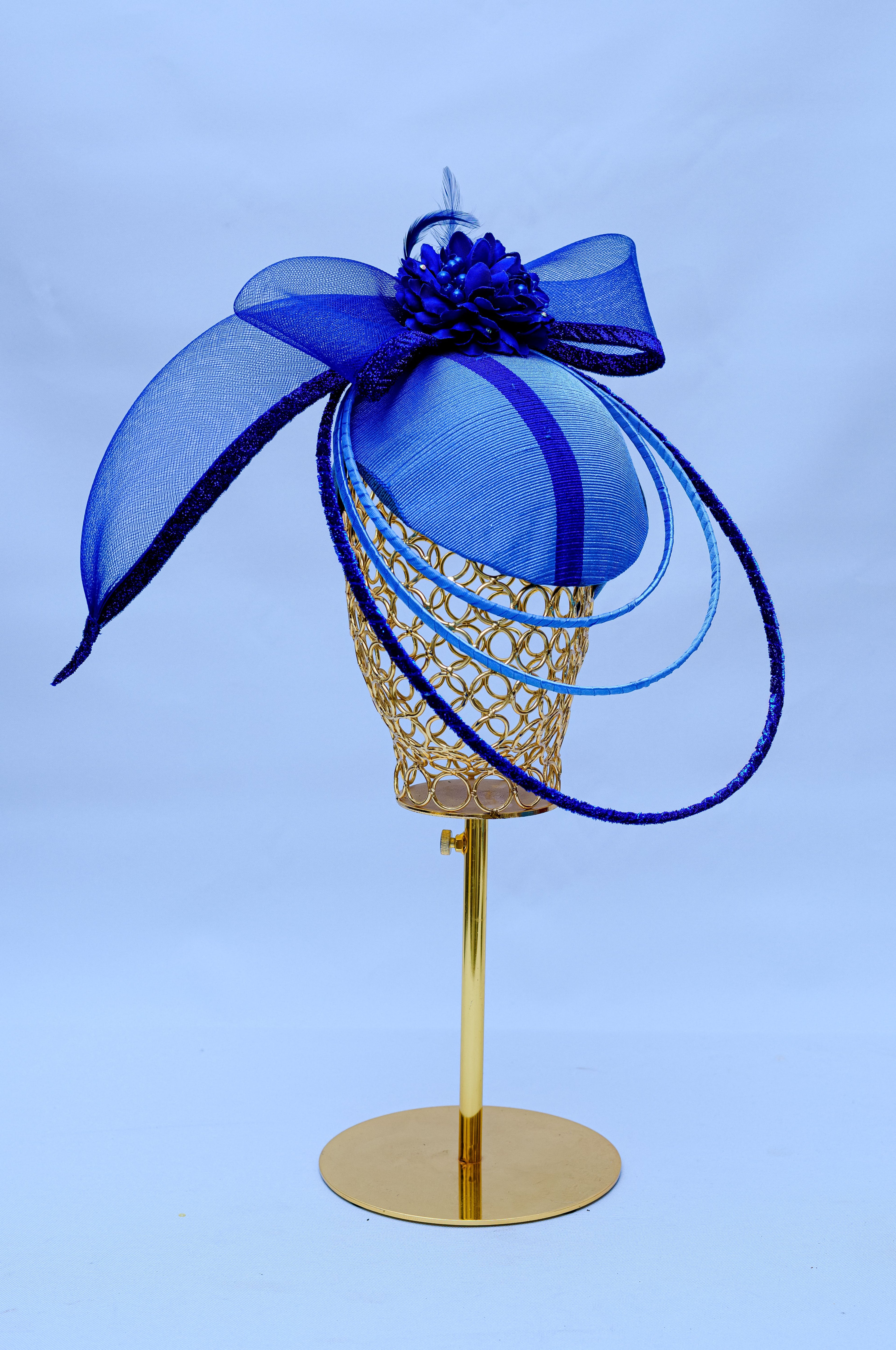 Royal Blue Sinamay Bow & Quill Percher Hat