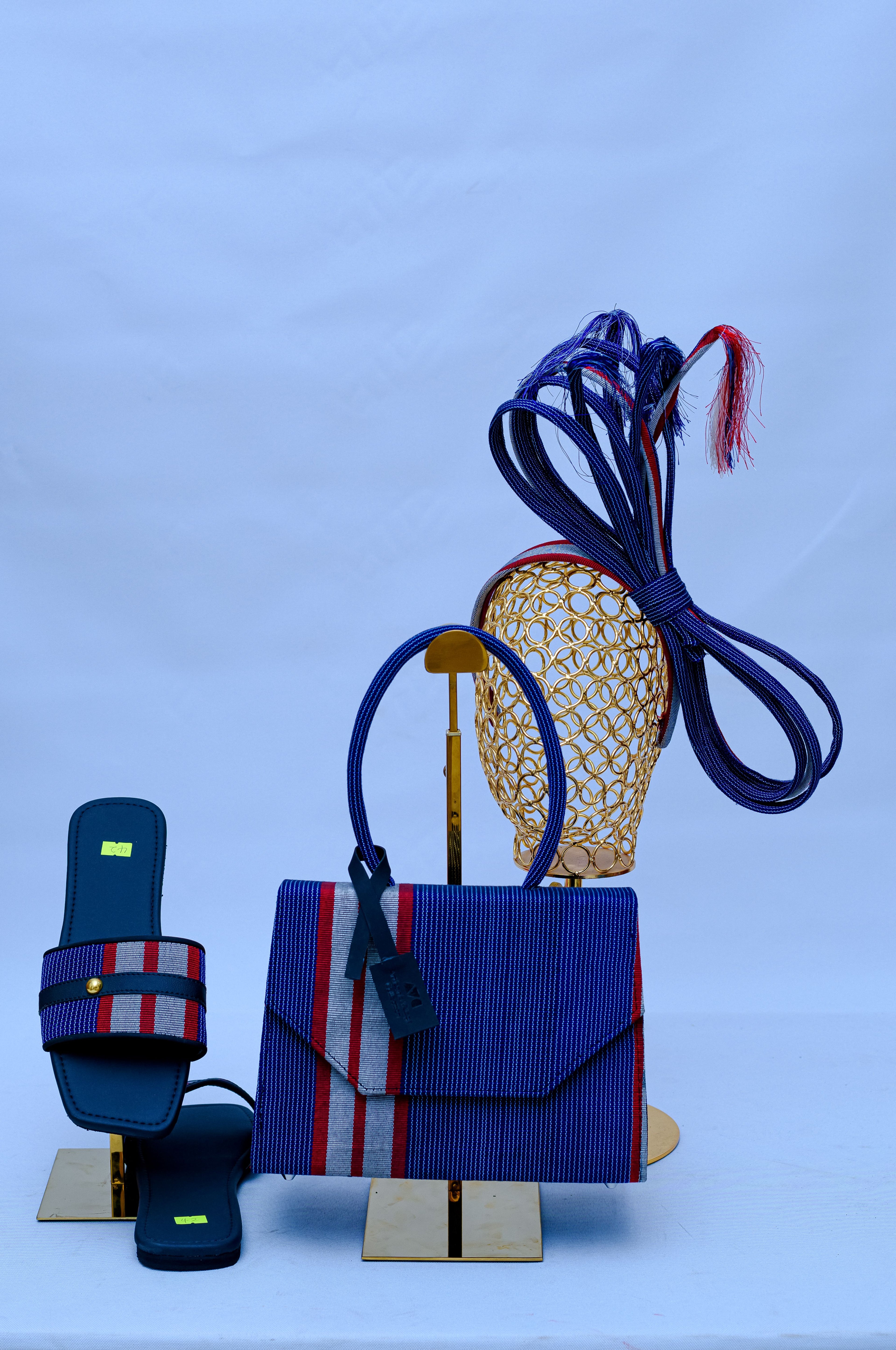 Aso Oke Navy Stripe Complete Set – Envelope Bag, Swirl Loop Hat & Buckle Slides