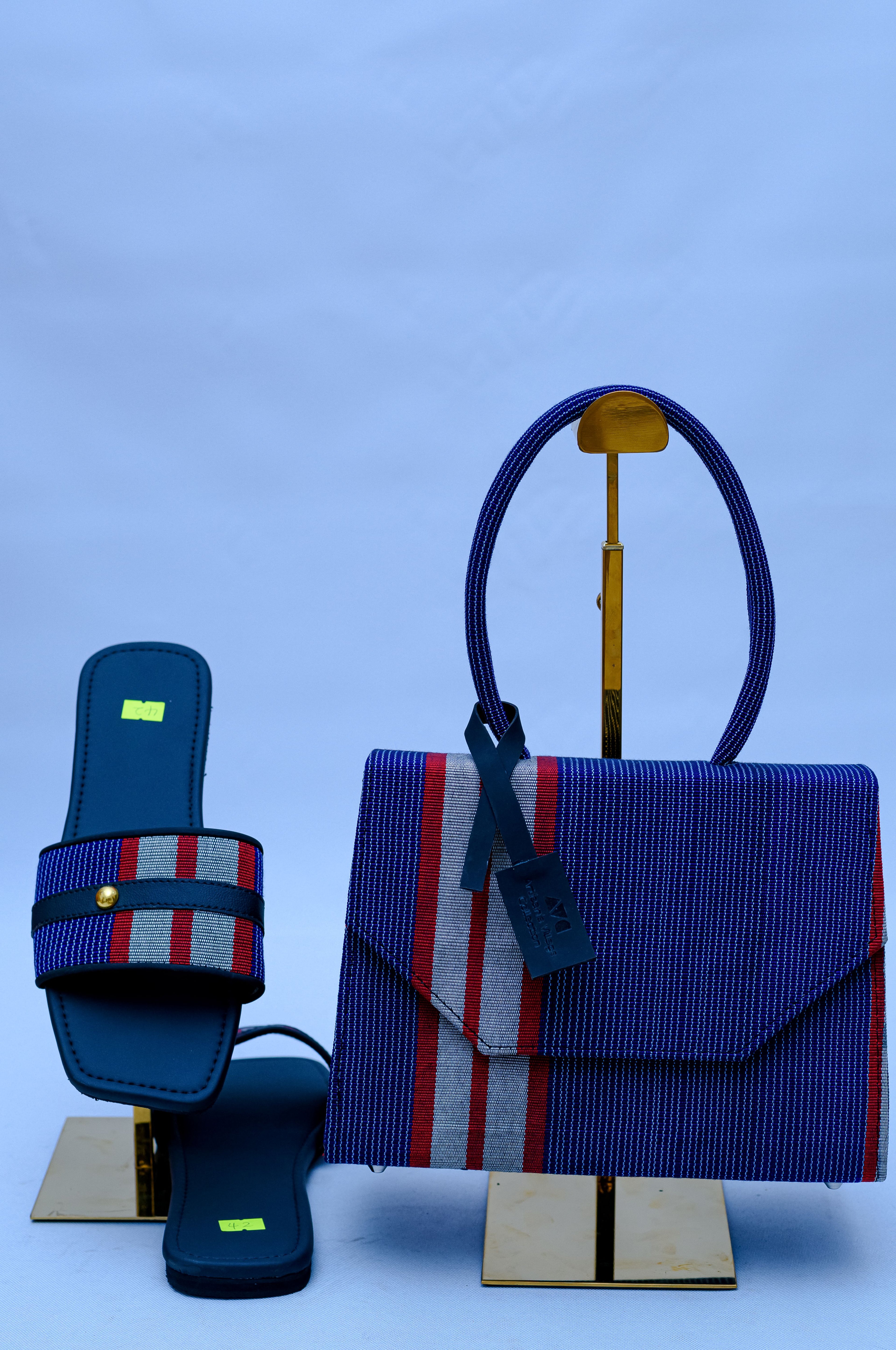 Aso Oke Navy Stripe Envelope Bag & Buckle Slide Set