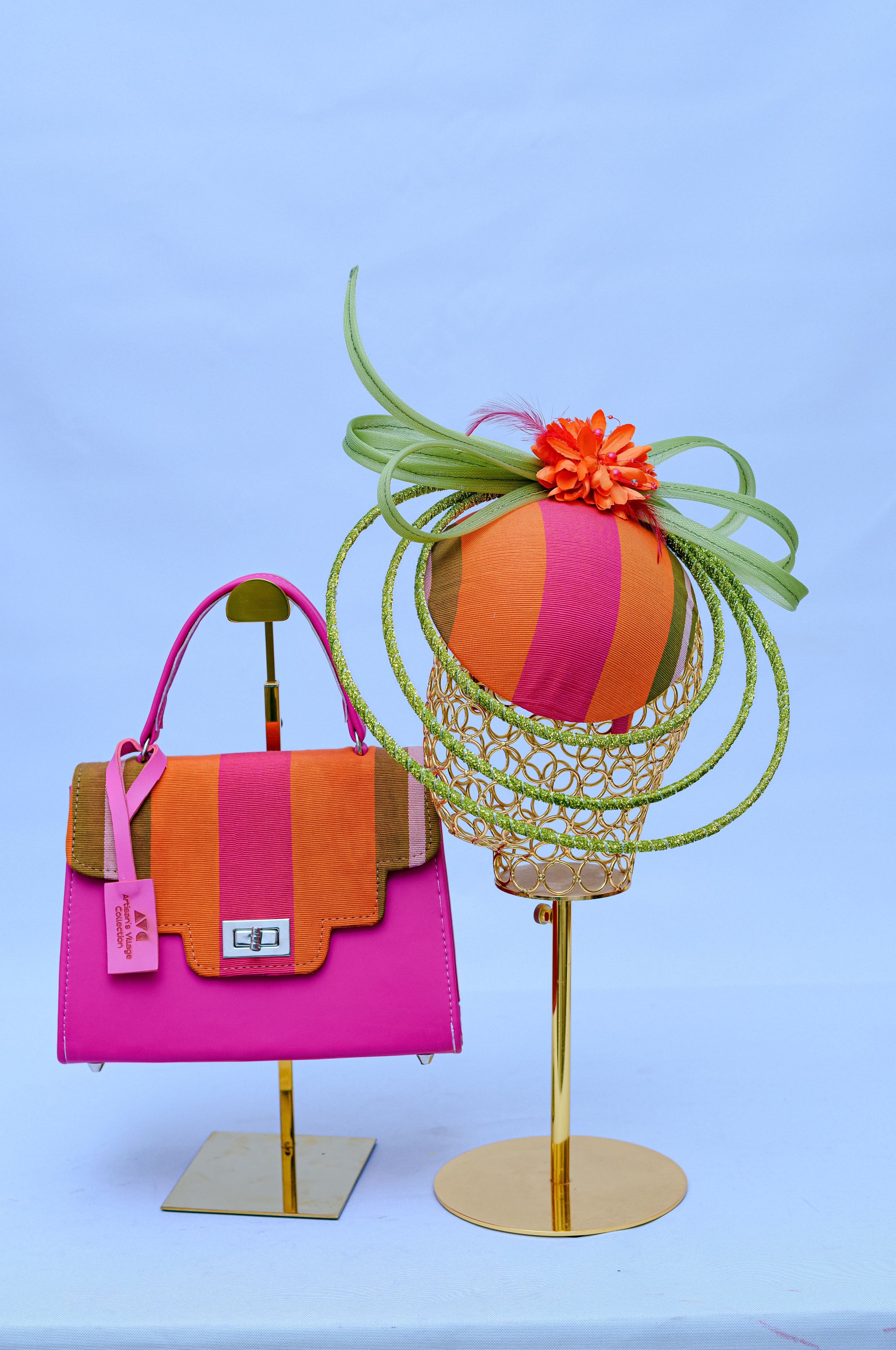 Aso Oke Mini Kelly Bag & Green Swirl Percher Hat Set
