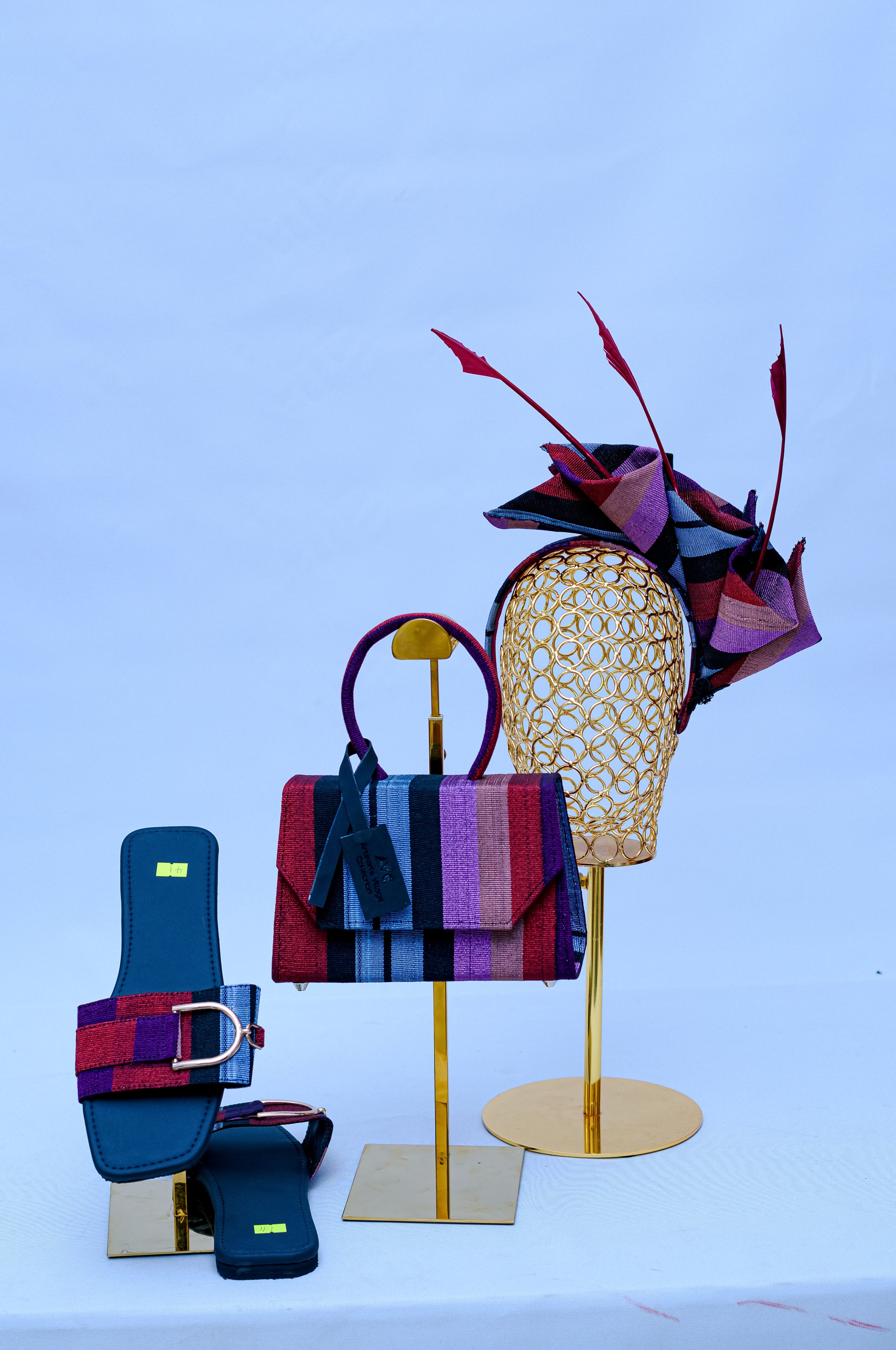 Aso Oke Complete Set – Kelly Bag, Feather Fascinator & Buckle Slides