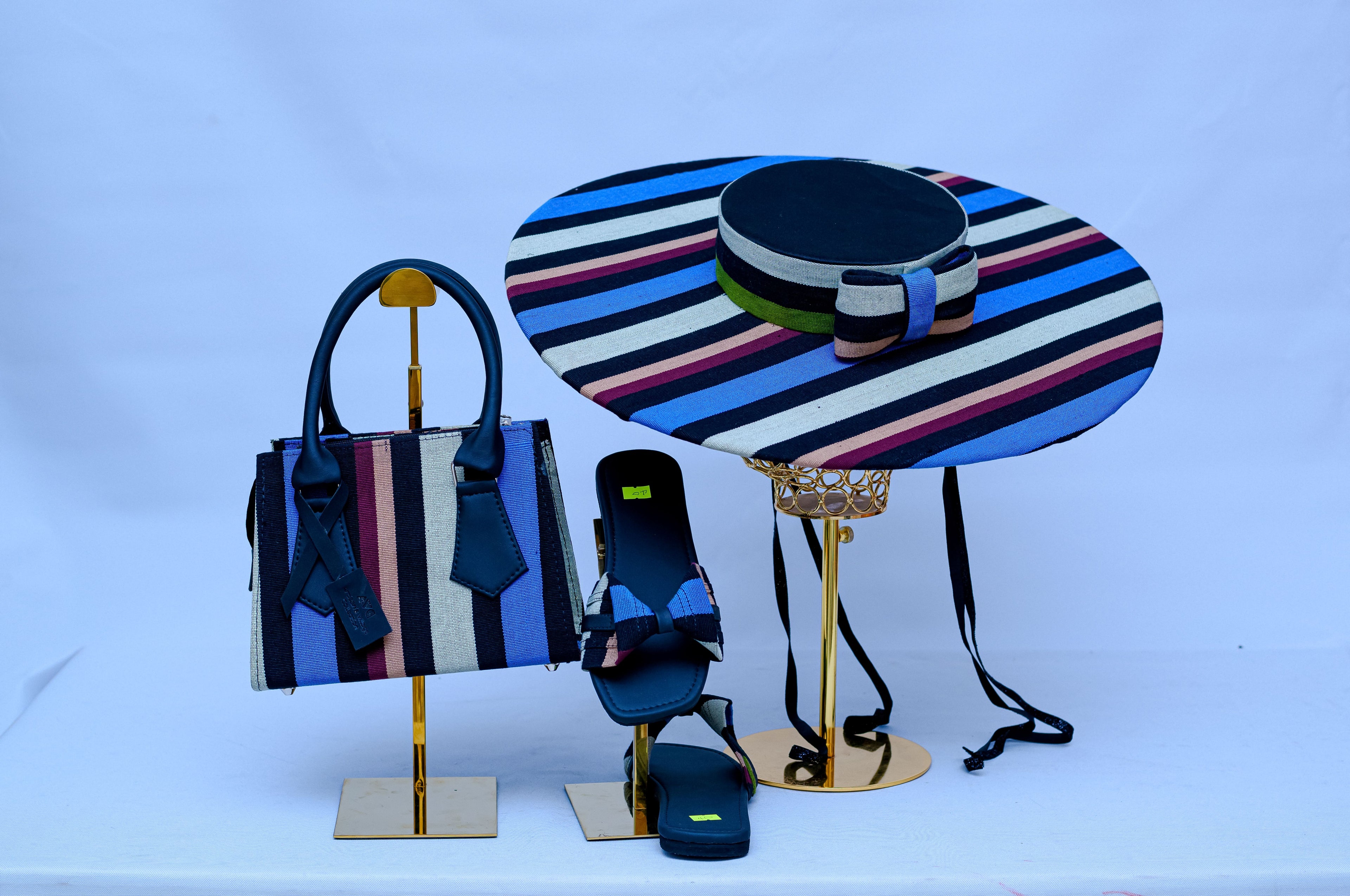 Aso Oke Complete Set – Tote Bag, Wide Brim Hat & Bow Slides