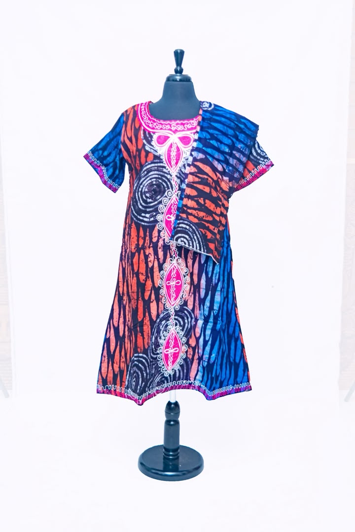African Batik A-Line Dress — Swirl & Flame Print with Embroidered Centre Placket