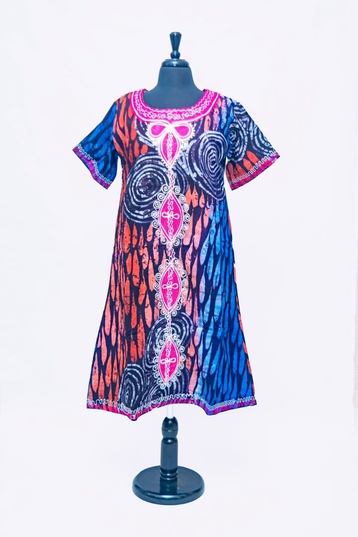 African Batik A-Line Dress — Swirl & Flame Print with Embroidered Centre Placket