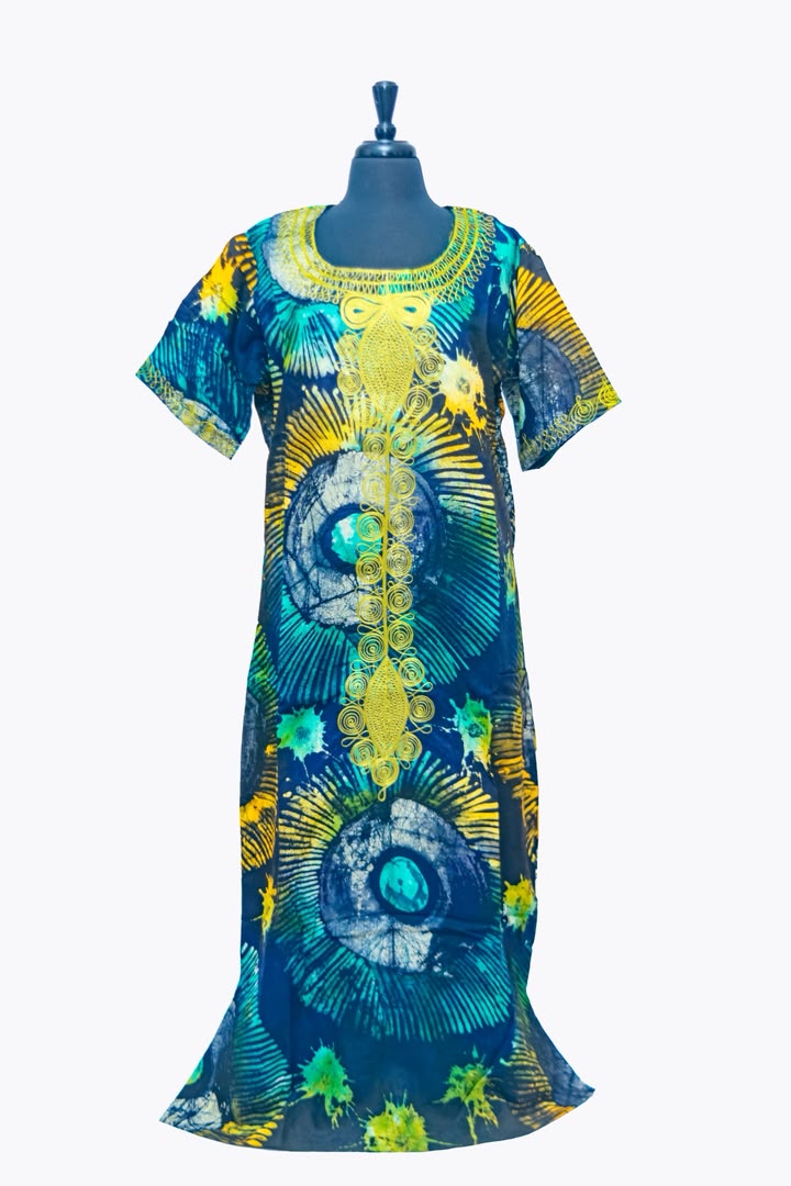 African Batik Maxi Dress — Sunburst & Starburst Print with Gold Embroidered Centre Placket
