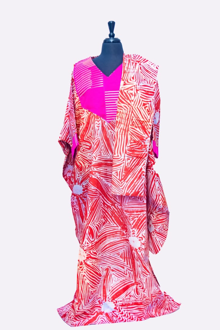 African Batik Oversized Kaftan — Coral Triangle Maze Print with Hot Pink V-Yoke & Wrap Panel