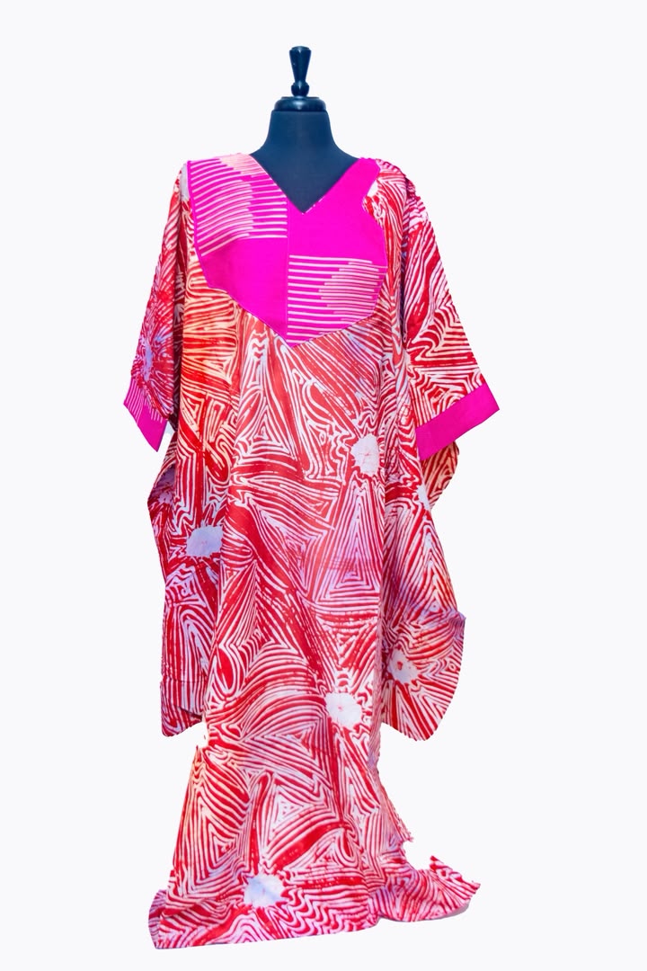 African Batik Oversized Kaftan — Coral Triangle Maze Print with Hot Pink V-Yoke & Wrap Panel