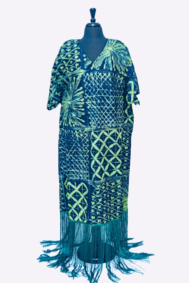 African Batik Kaftan — Navy & Lime Patchwork Print with Teal Fringe Hem