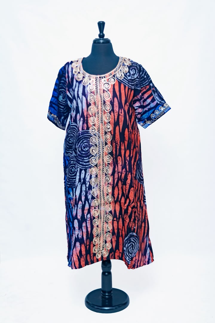 African Batik Midi Dress — Split Navy Spiral & Coral Flame Print with Gold Scroll Embroidery