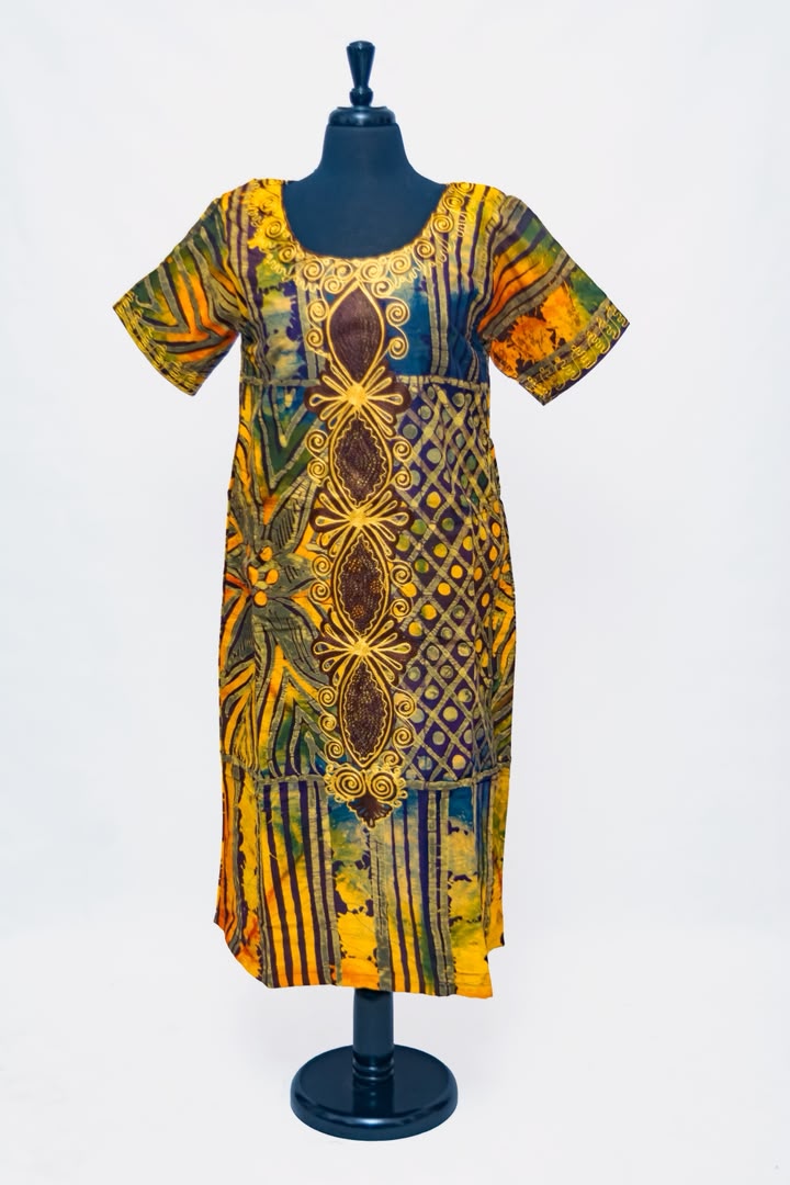 African Batik Midi Dress & Wrap Set — Golden Yellow Stripe & Diamond Lattice with Gold Medallion Embroidery