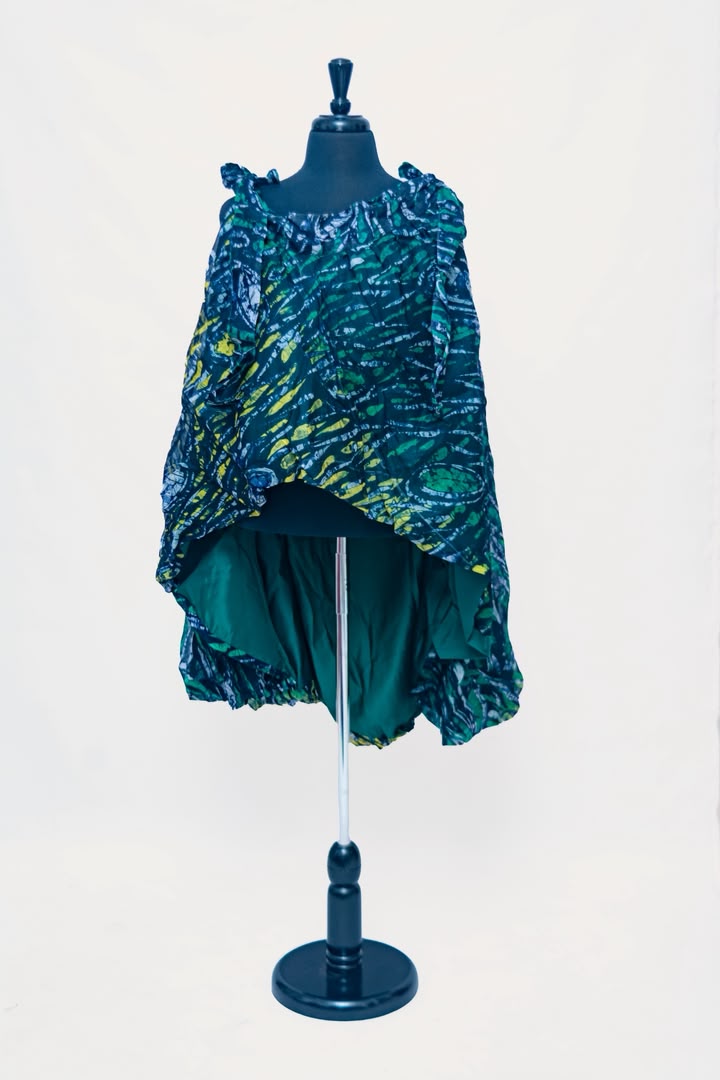 African Batik Hi-Low Layered Skirt — Dark Green & Lime Feather Swirl Print with Teal Satin Underskirt