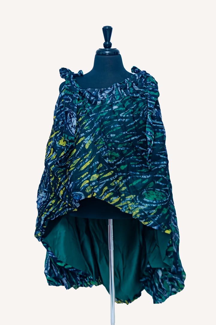 African Batik Hi-Low Layered Skirt — Dark Green & Lime Feather Swirl Print with Teal Satin Underskirt