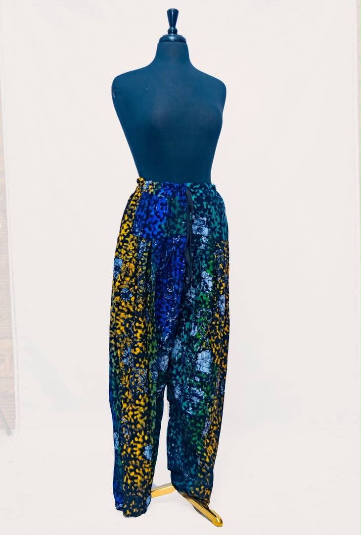 African Batik Harem Pants — Gold & Blue Leopard Spot Print with Ghost Rose Motifs and Drawstring Waist