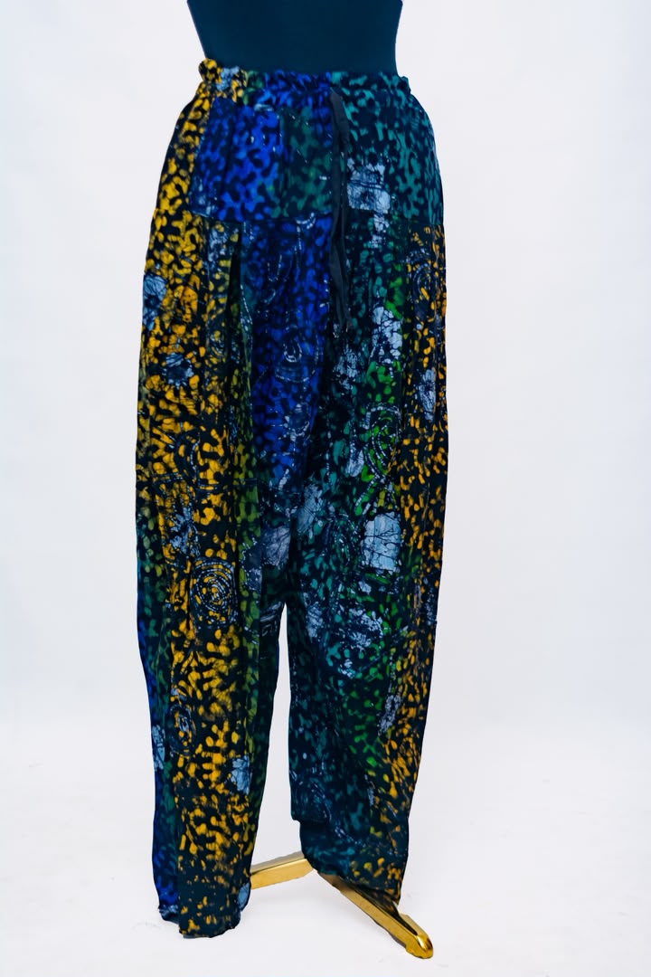 African Batik Harem Pants — Gold & Blue Leopard Spot Print with Ghost Rose Motifs and Drawstring Waist