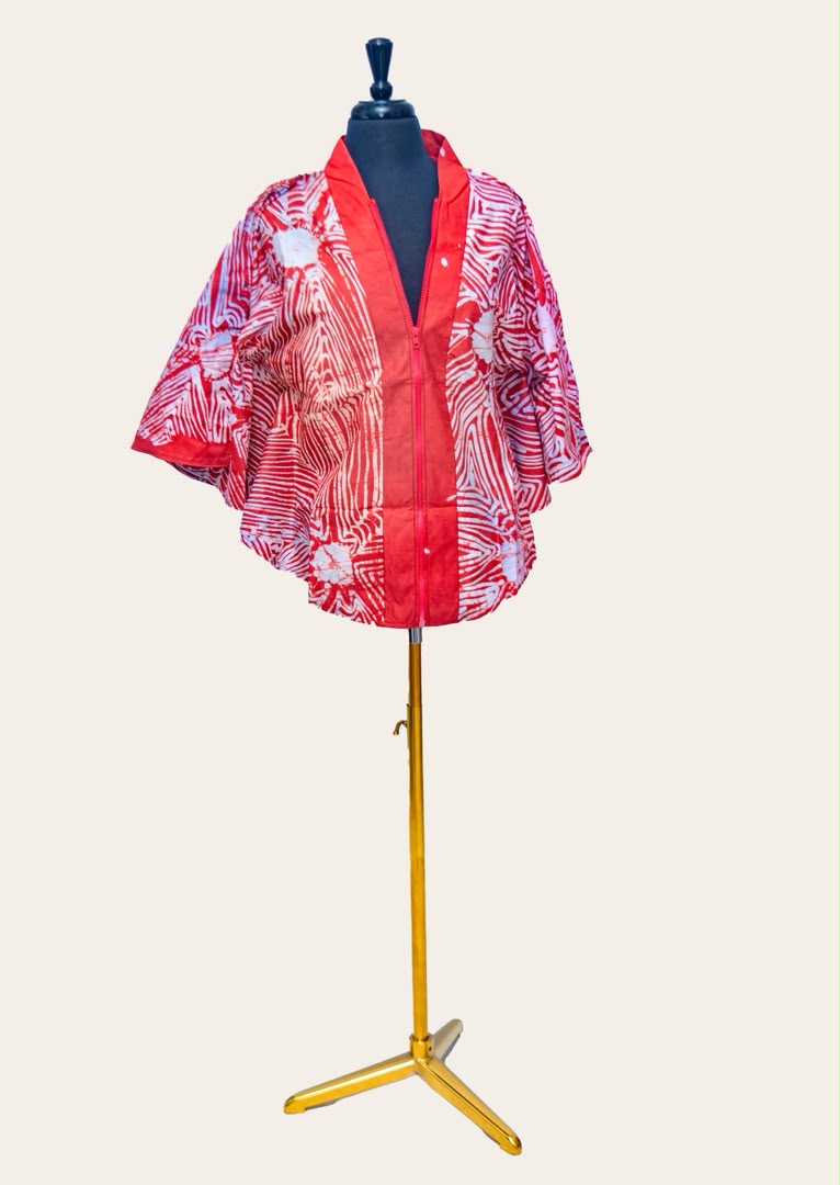 African Batik Batwing Jacket — Red & Cream Woodgrain Wave Print with Red Zip Front & Contrast Trim