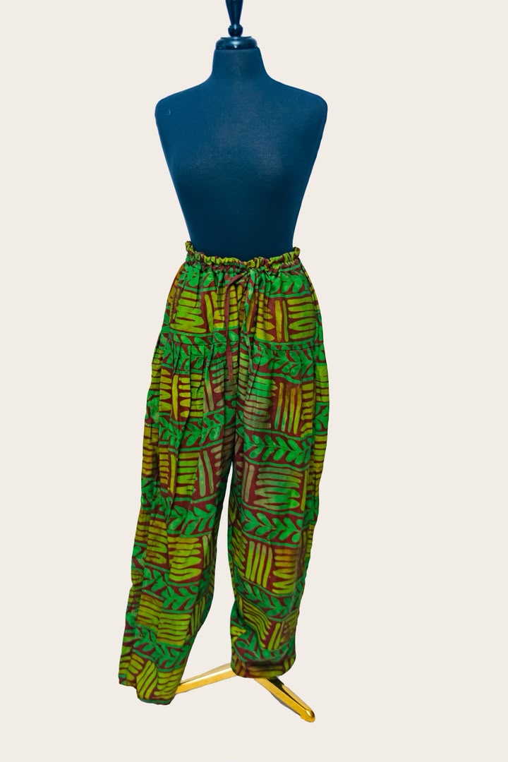 African Batik Drawstring Trousers — Rust & Green Fern Leaf Print