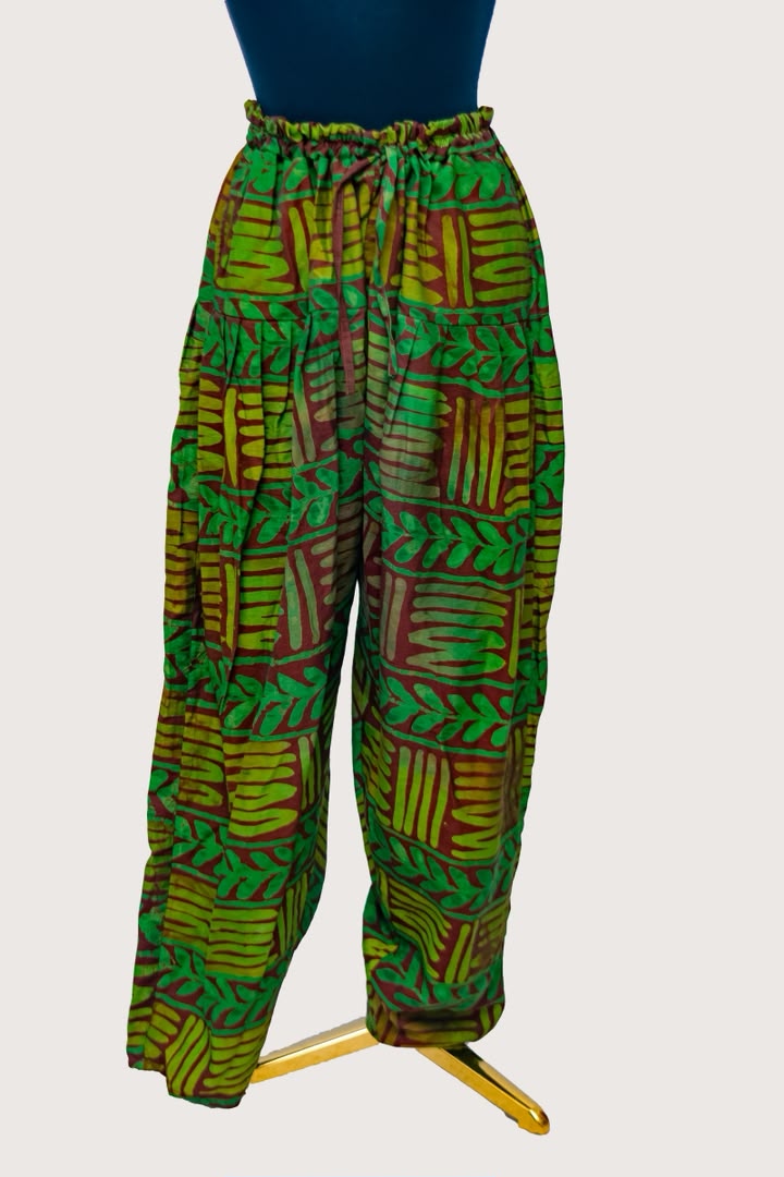 African Batik Drawstring Trousers — Rust & Green Fern Leaf Print