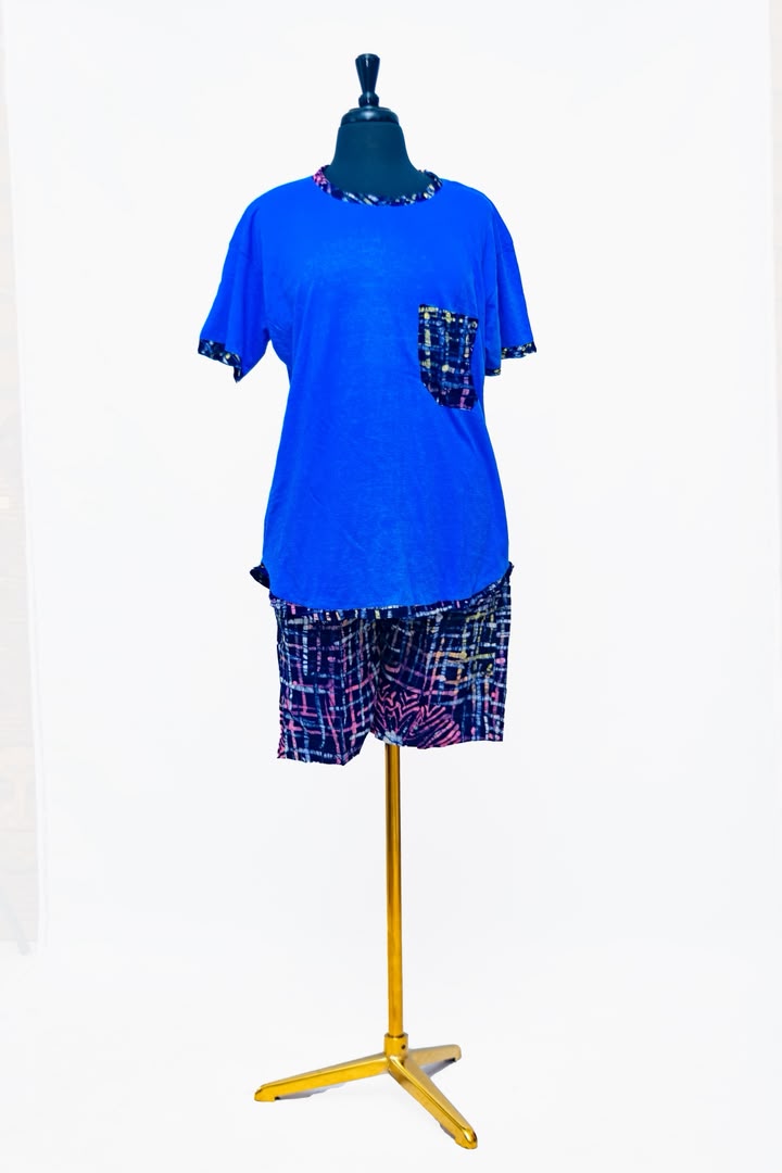 African Batik Lounge Co-ord Set — Navy Crosshatch Print Shorts & Royal Blue T-Shirt with Batik Trim