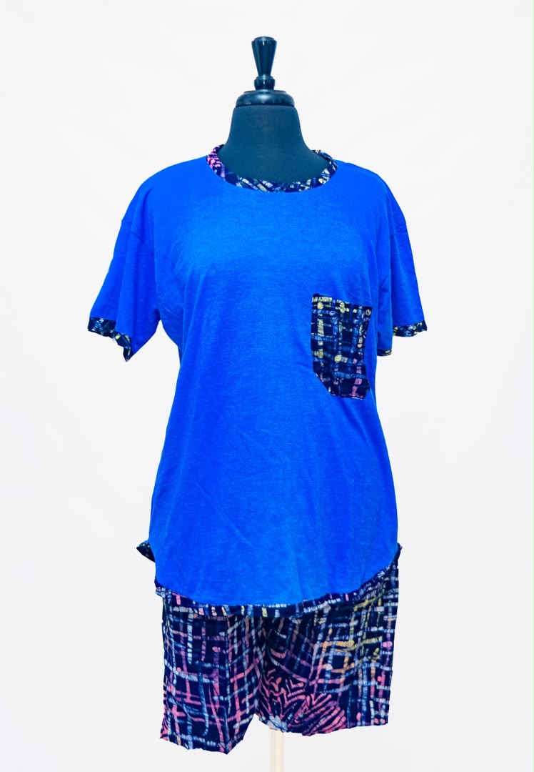 African Batik Lounge Co-ord Set — Navy Crosshatch Print Shorts & Royal Blue T-Shirt with Batik Trim