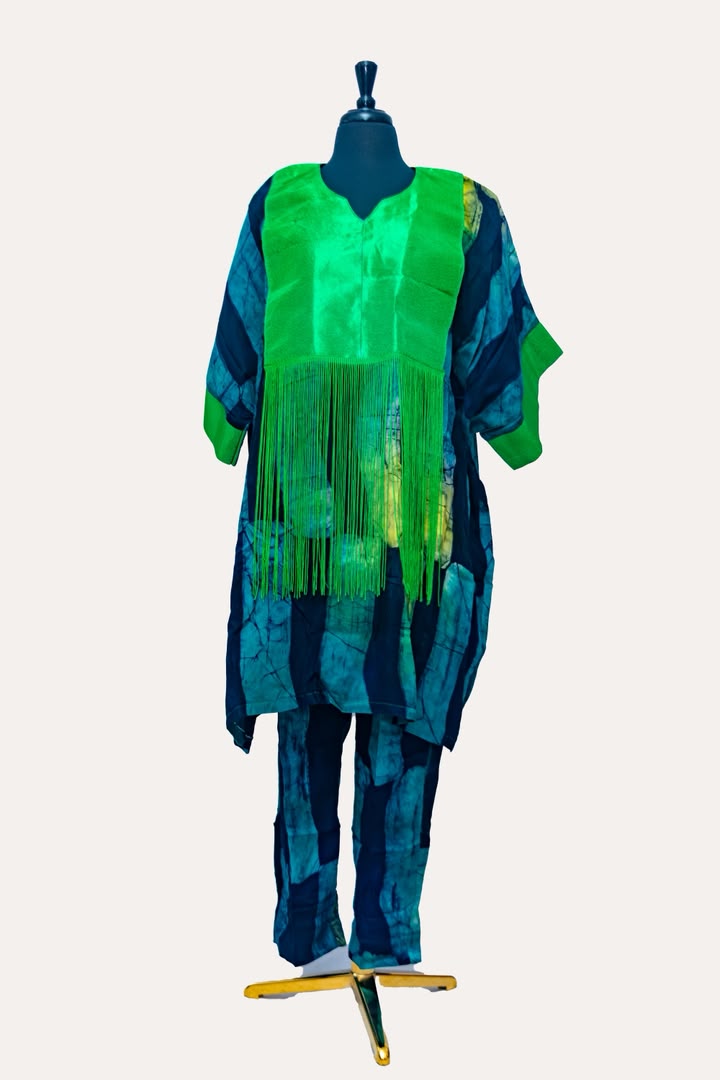 African Batik Co-ord Set — Teal & Navy Mosaic Print Longline Tunic with Green Fringe Panel & Straight-Leg Trousers
