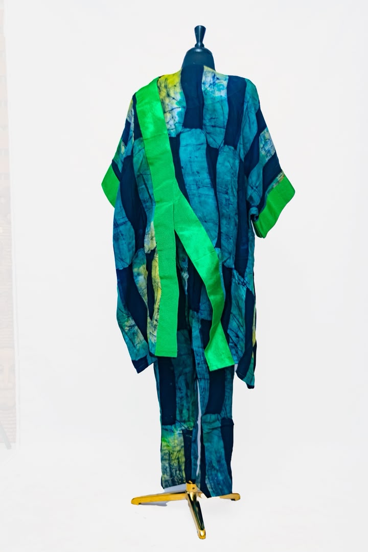 African Batik Co-ord Set — Teal & Navy Mosaic Print Longline Tunic with Green Fringe Panel & Straight-Leg Trousers