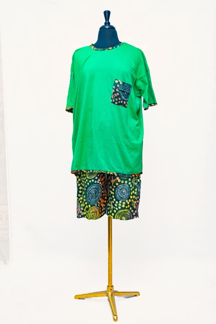 African Batik Co-ord Set — Green Tunic & Spiral Print Shorts