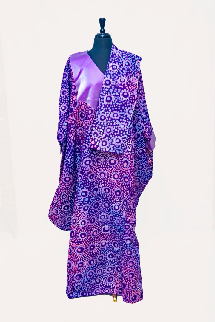 African Batik Kimono Robe — Purple Sunburst Ring Print with Satin V-Neck Panel