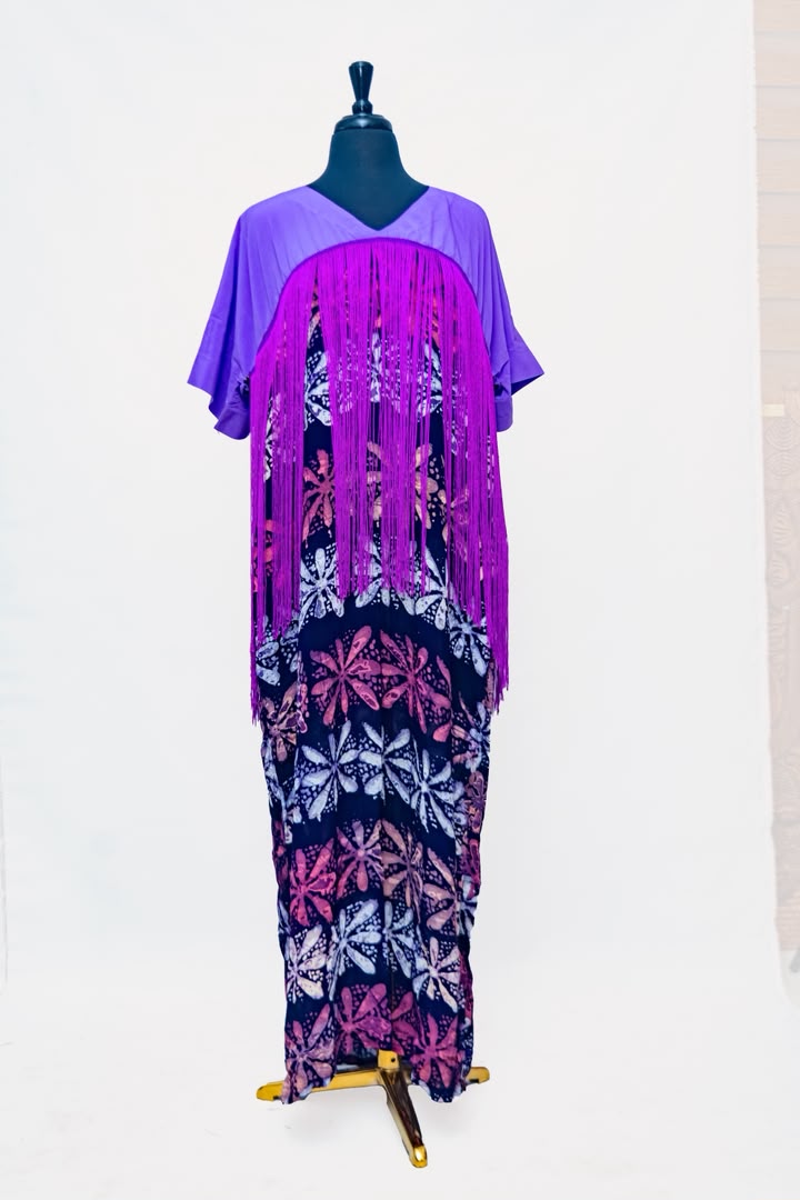 African Batik Kaftan — Blush Pink Bodice & Purple Spiral Skirt with Rust Fringe