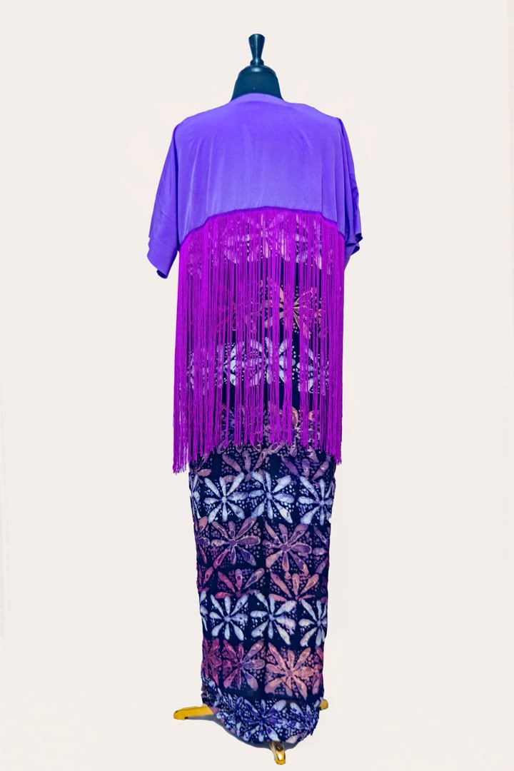 African Batik Kaftan — Blush Pink Bodice & Purple Spiral Skirt with Rust Fringe