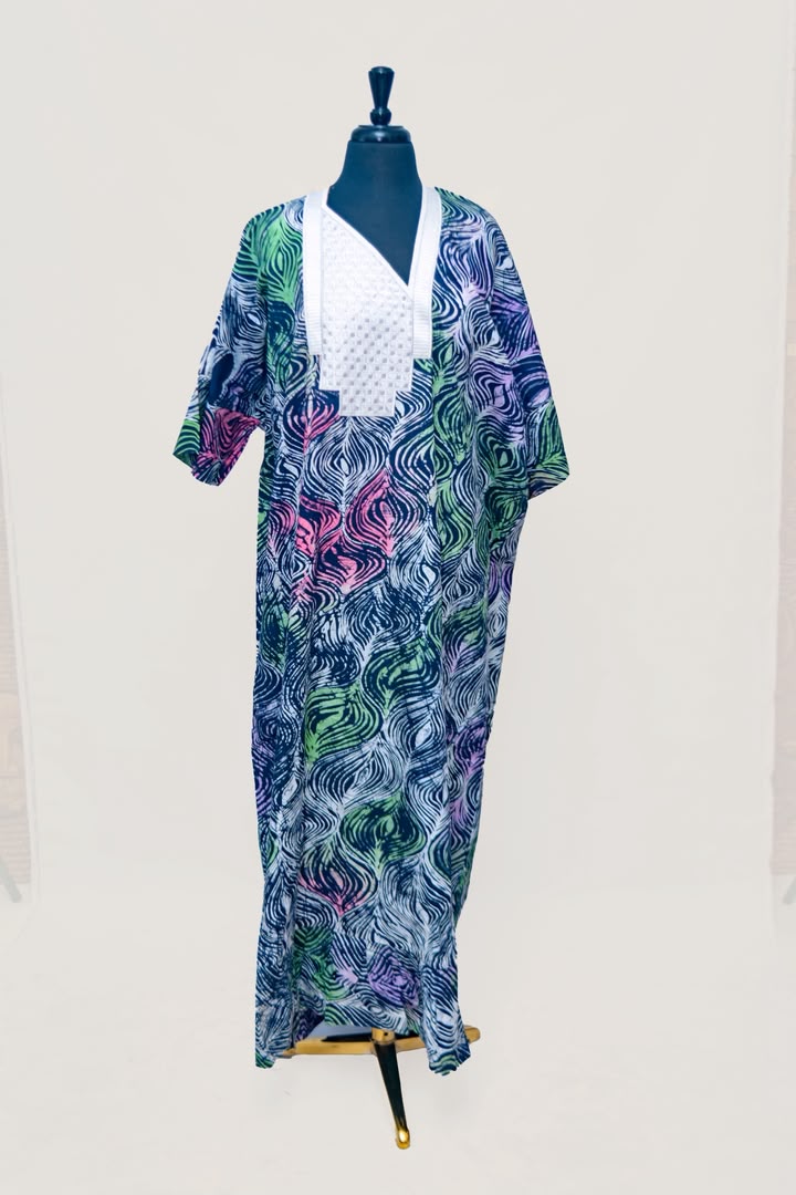African Batik Oversized Kaftan — Grey & Purple Peacock Print with Embroidered V-Neck Yoke