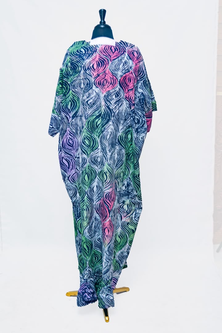 African Batik Oversized Kaftan — Grey & Purple Peacock Print with Embroidered V-Neck Yoke
