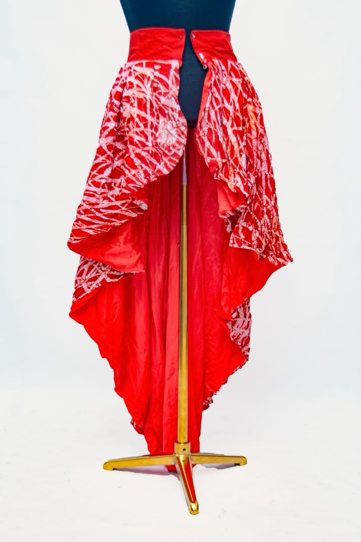 African Batik Hi-Low Layered Skirt — Red & White Crackle Overlay