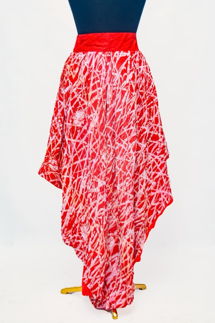 African Batik Hi-Low Layered Skirt — Red & White Crackle Overlay