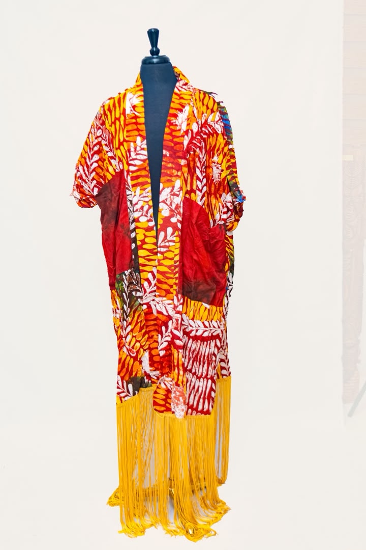 African Batik Kaftan — Red & Orange Leaf Print with Yellow Fringe Hem