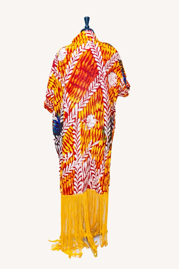 African Batik Kaftan — Red & Orange Leaf Print with Yellow Fringe Hem
