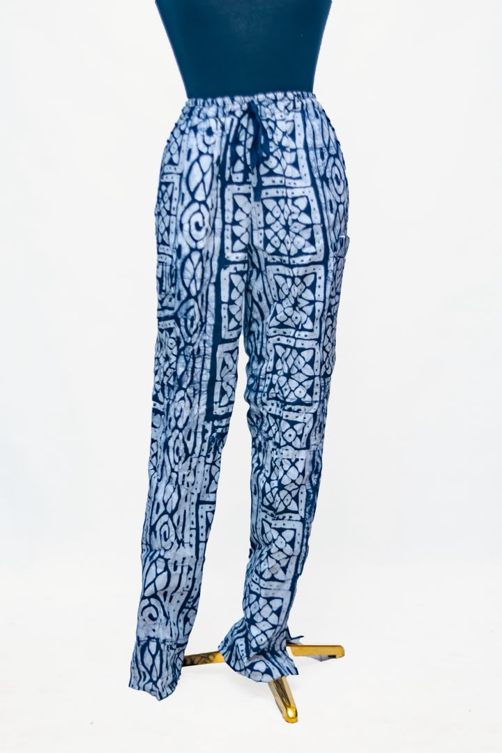 African Batik Drawstring Trousers — Indigo Tile Geometric Print