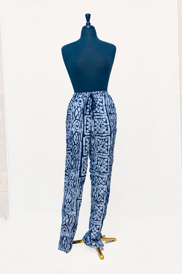 African Batik Drawstring Trousers — Indigo Tile Geometric Print