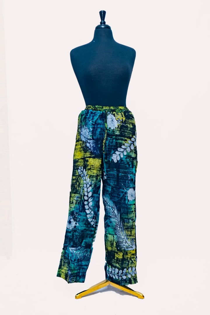 African Batik Drawstring Trousers — Teal & Lime Fern Leaf Print