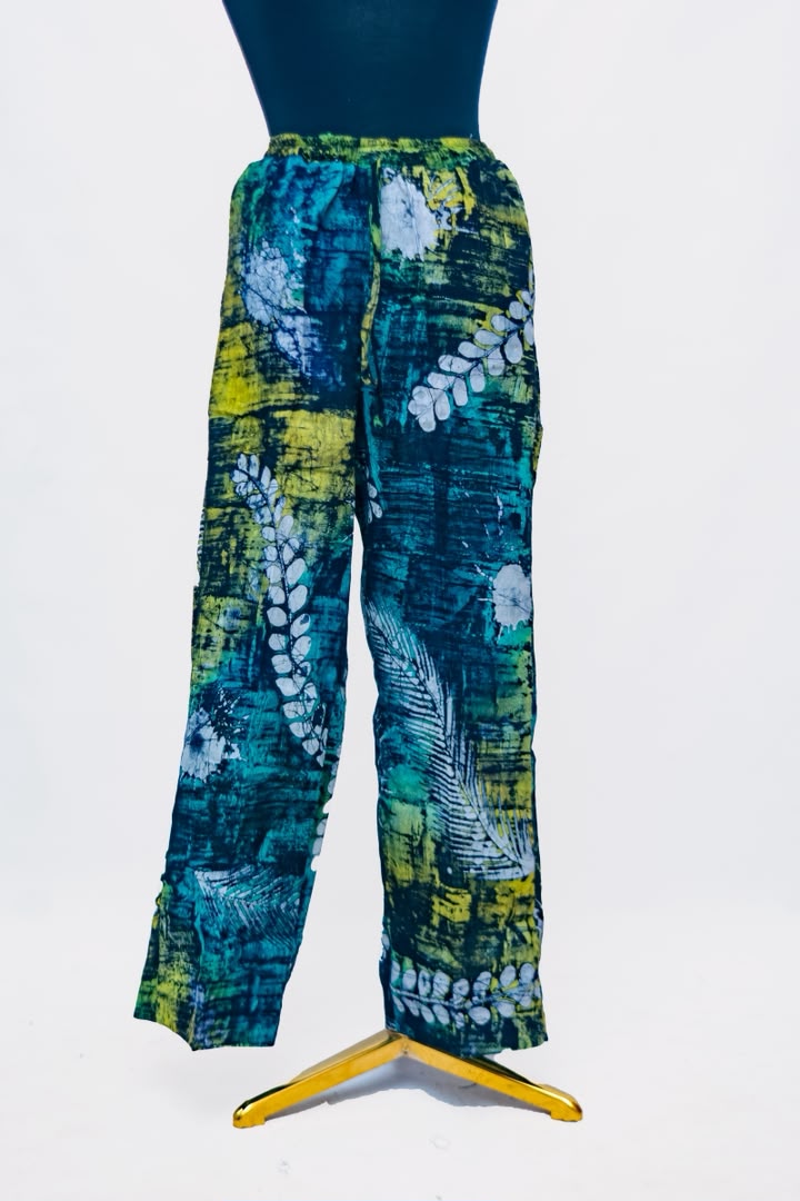 African Batik Drawstring Trousers — Teal & Lime Fern Leaf Print