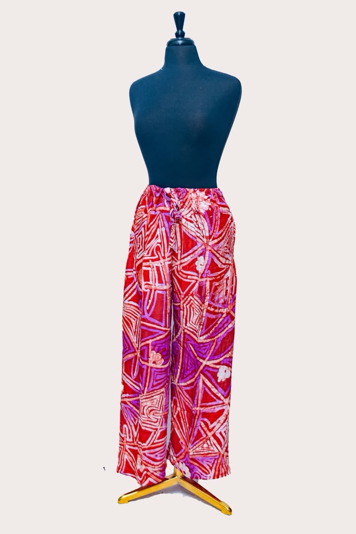African Batik Co-ord Set — Crimson Red Geometric Print with Pocket Crop Top & Wide-Leg Trousers